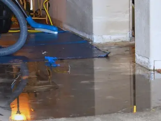 An extraction hose beside standing water along a wall after a supply leak