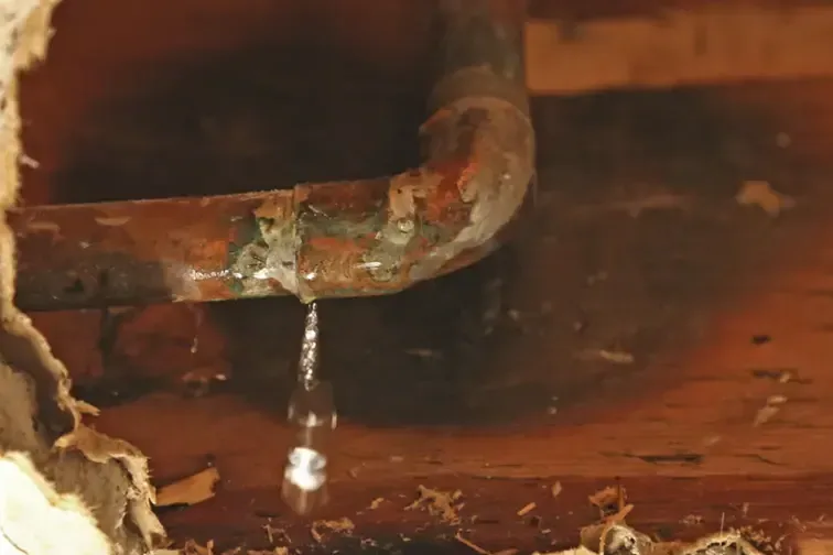 A copper pipe dripping inside a wall cavity that has been opened up