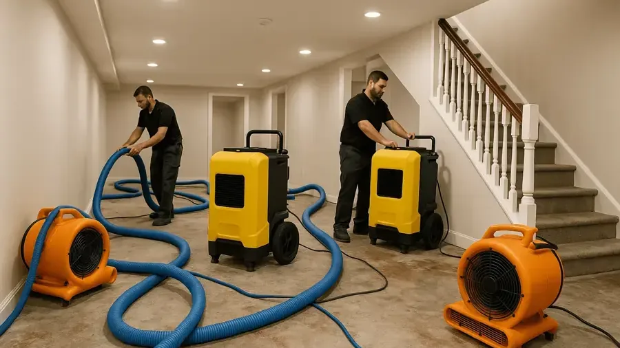 Two restoration technicians setting up air movers, dehumidifiers and extraction hoses inside a home during a water damage job